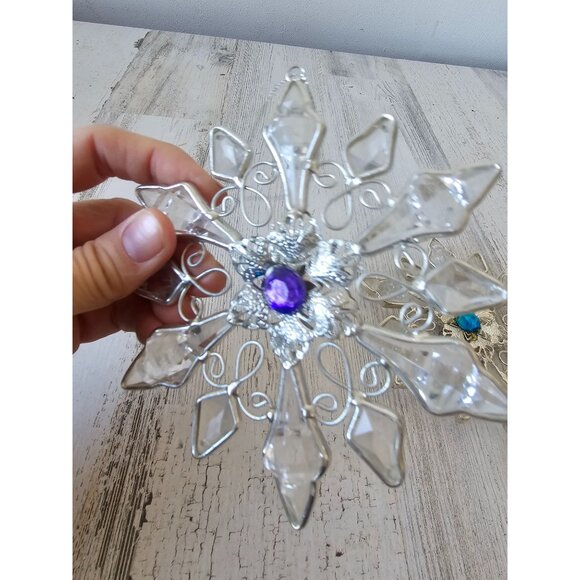 Crystal snowflake gem ornament Xmas tree vintage decor hanging - Picture 2 of 9